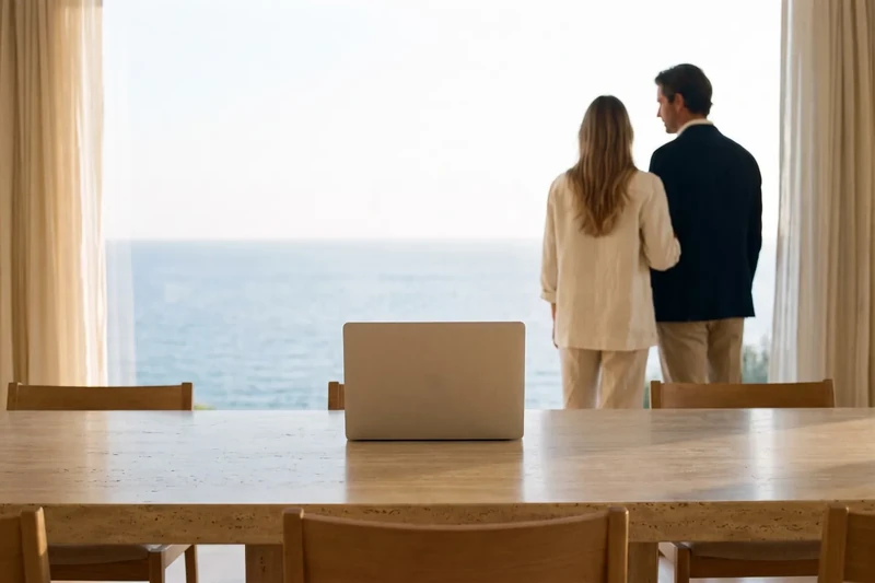 Couple looking out to sea from an office, with a laptop on the table