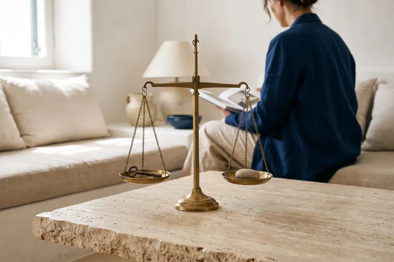 Brass scales balanced with a key and a stone