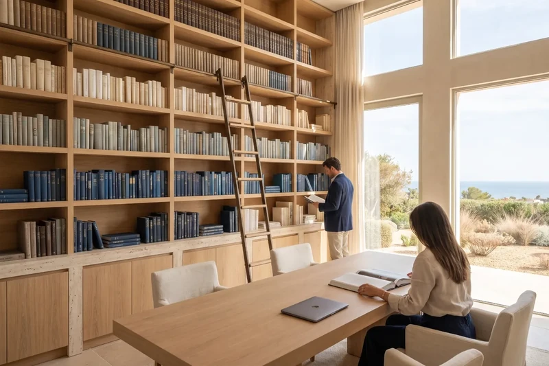Wooden library with books arranged by subject