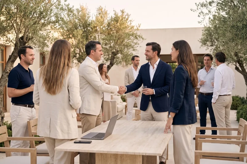 Professional gathering in a courtyard with olive trees