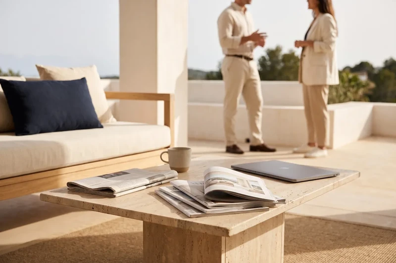 Newspapers and magazines on a café table on a terrace