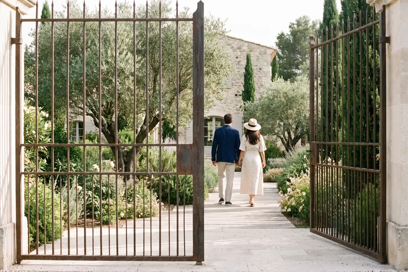 Porta de ferro entreoberta a un jardí privat