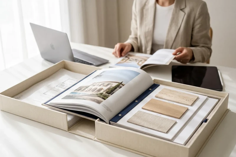 Dossier prèmium d'una propietat en una caixa de color crema