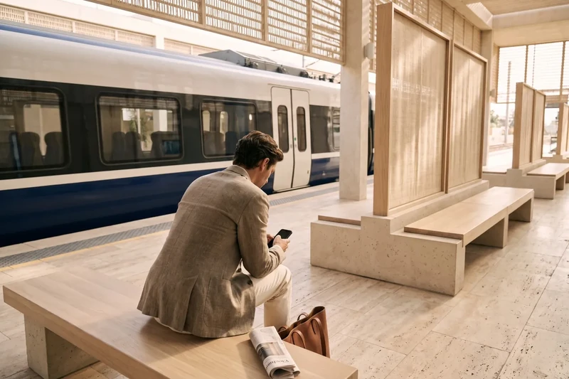 Persona consultant el mòbil en una andana de tren