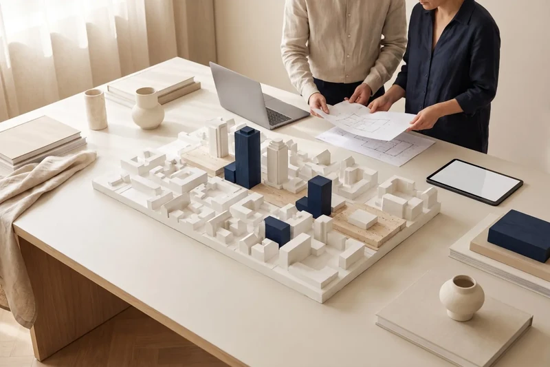 Maqueta blanca d'una ciutat amb edificis marcats
