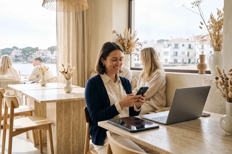 Clienta mirant cases al mòbil en un cafè
