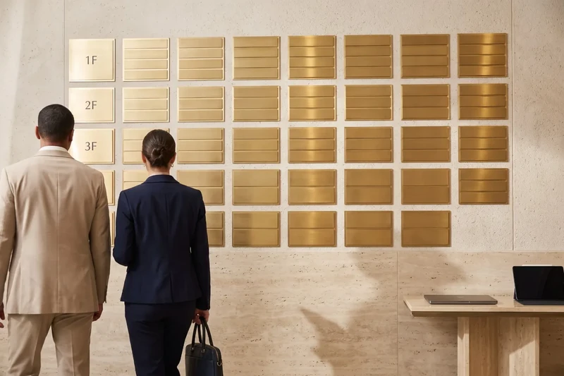 Directory of brass plaques in a marble lobby