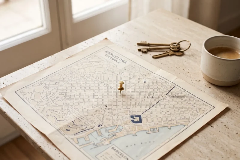 Map of a neighbourhood with a brass pin and a set of keys