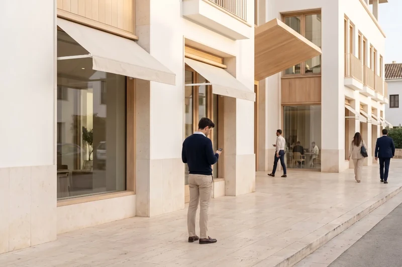 Person searching on their phone in front of several offices