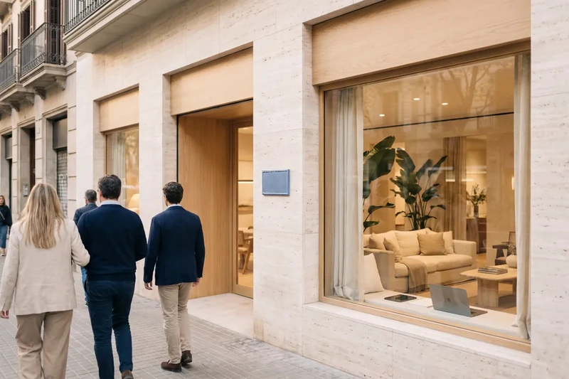 Front of a luxury real estate agency on a busy street