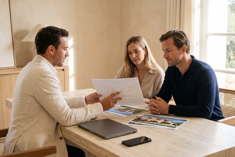Agent showing a property listing to a couple