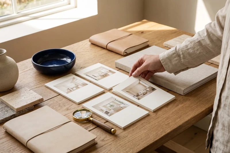 Property photographs laid out next to a magnifying glass