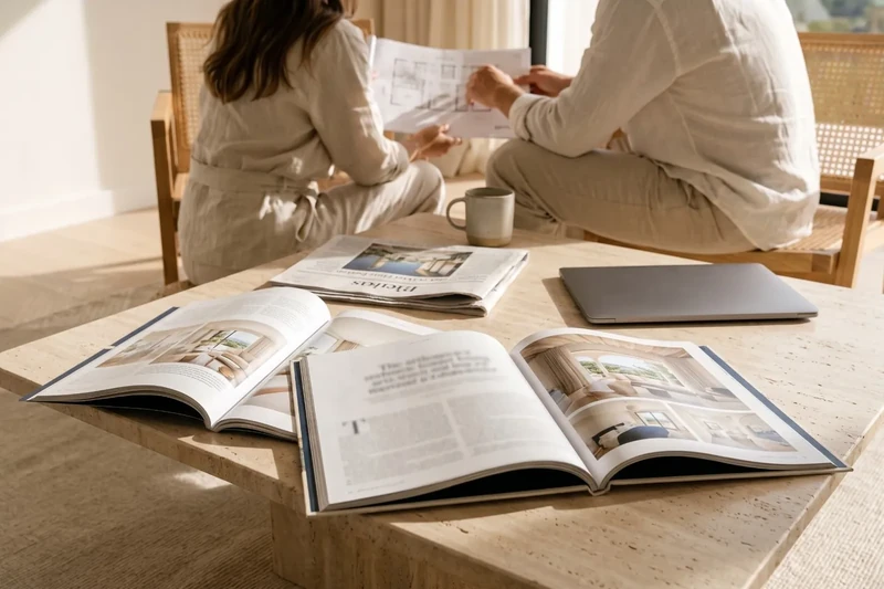 Industry magazines open on a coffee table