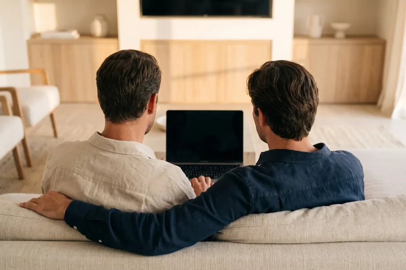 Couple house-hunting on a laptop from their sofa