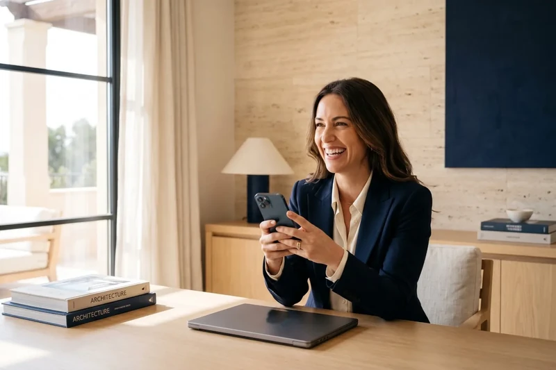 Director smiling as she checks her phone in her office