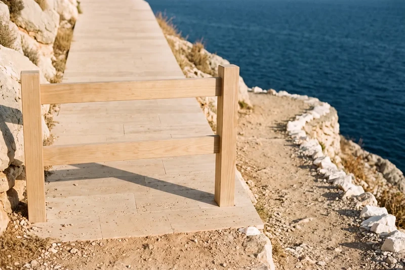 Seaside path blocked by a wooden barrier, with a detour marked out in stones
