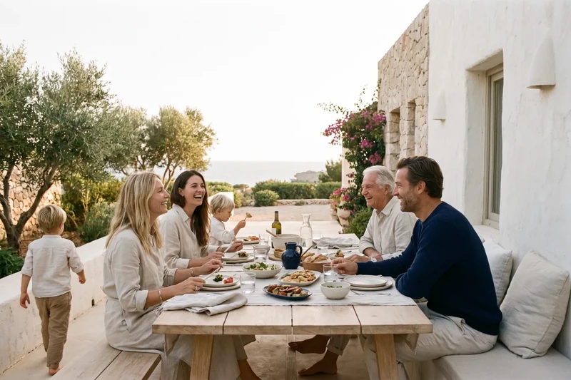 Família dinant a l'aire lliure al jardí de casa seva