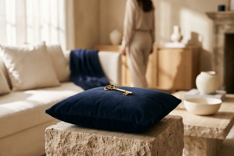 Golden key on a navy blue velvet cushion