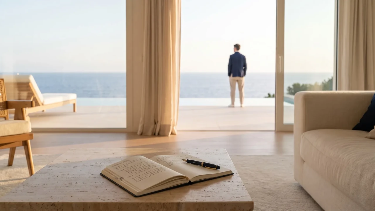 Sala d'estar d'una vil·la davant del mar amb una llibreta de notes sobre la taula
