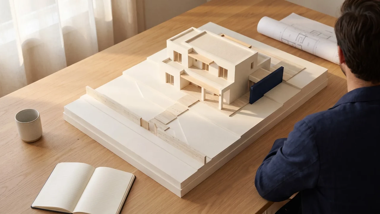 White scale model of a residential estate with paths leading to a villa