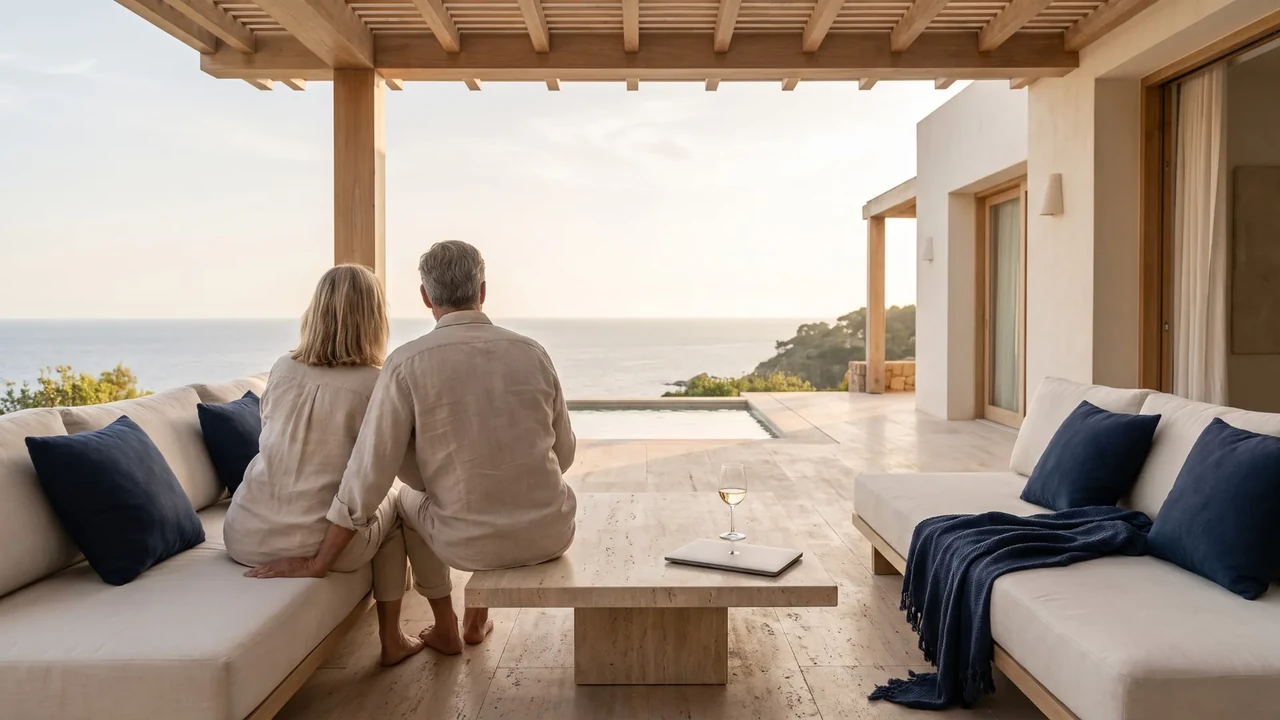 Couple gazing at the sea from the terrace of a villa