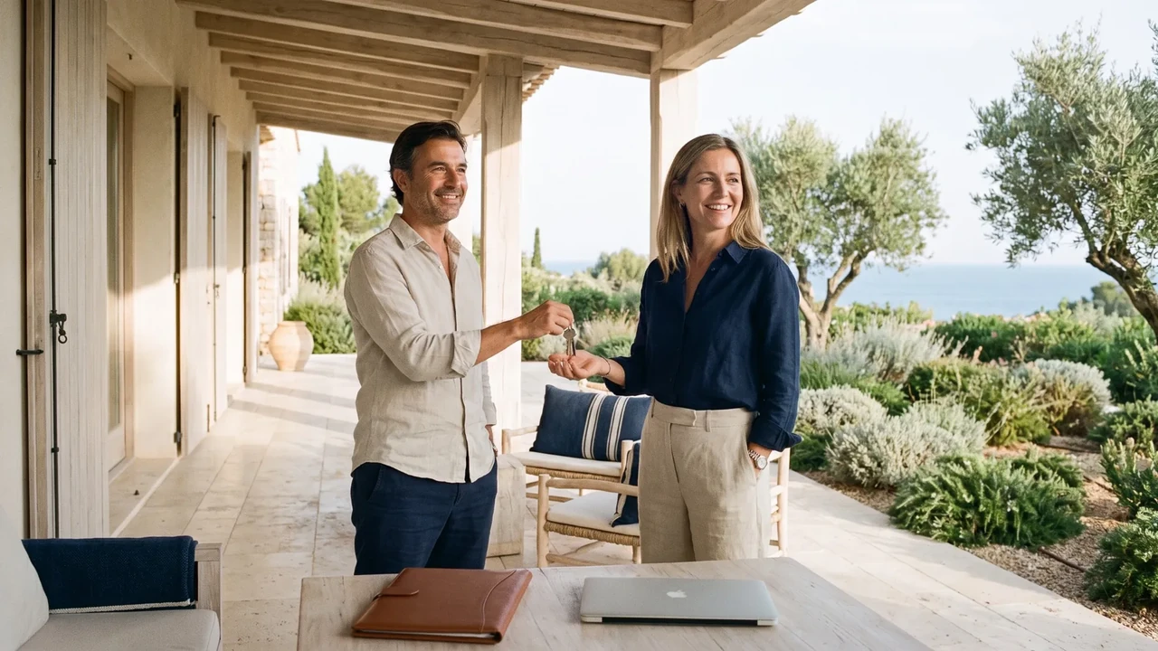 Owner handing the keys to an agent on the porch of his villa