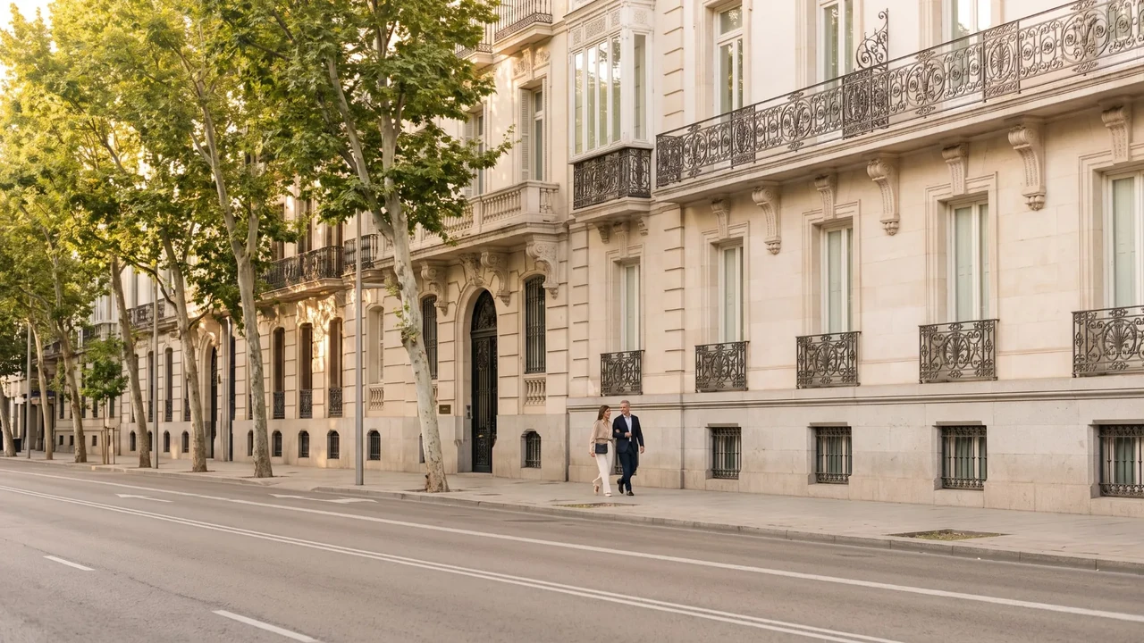 Stately street in Madrid with buildings with wrought-iron balconies