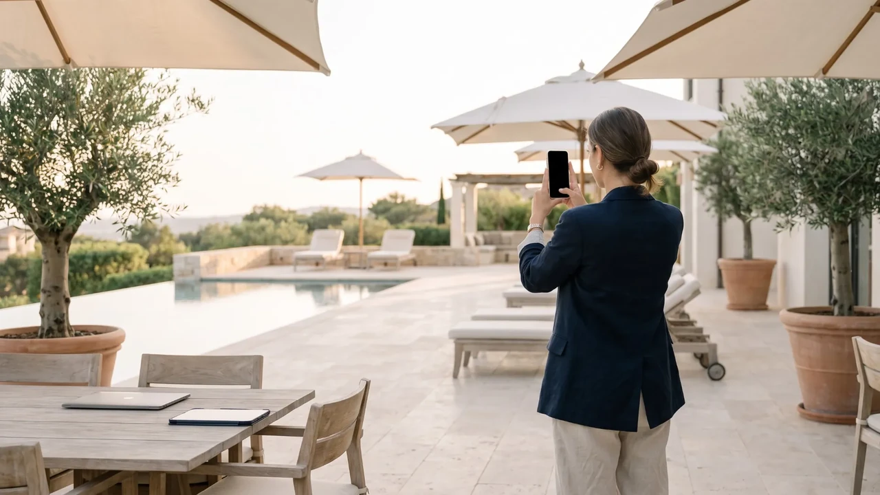 Creadora fotografiant amb el mòbil la terrassa d'una vil·la