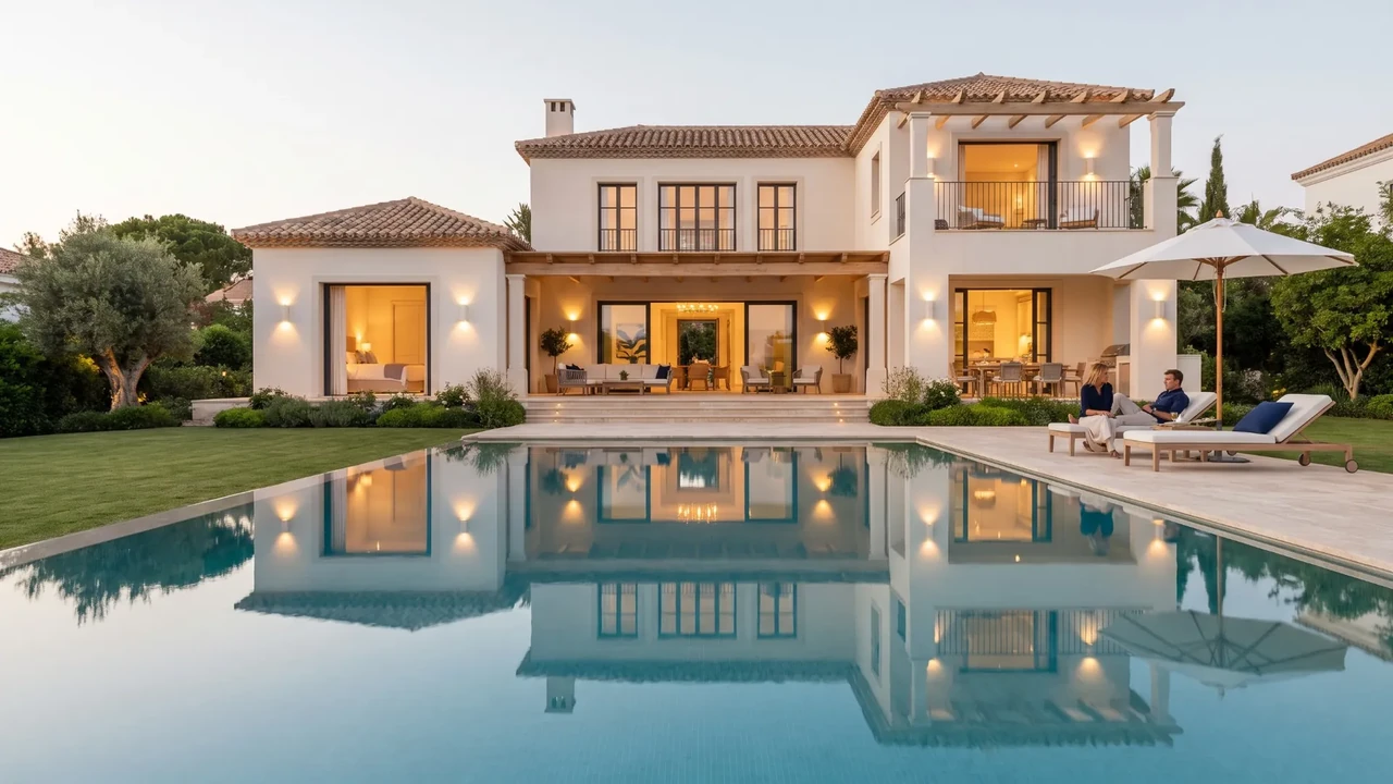 Vil·la il·luminada al capvespre reflectida a la piscina