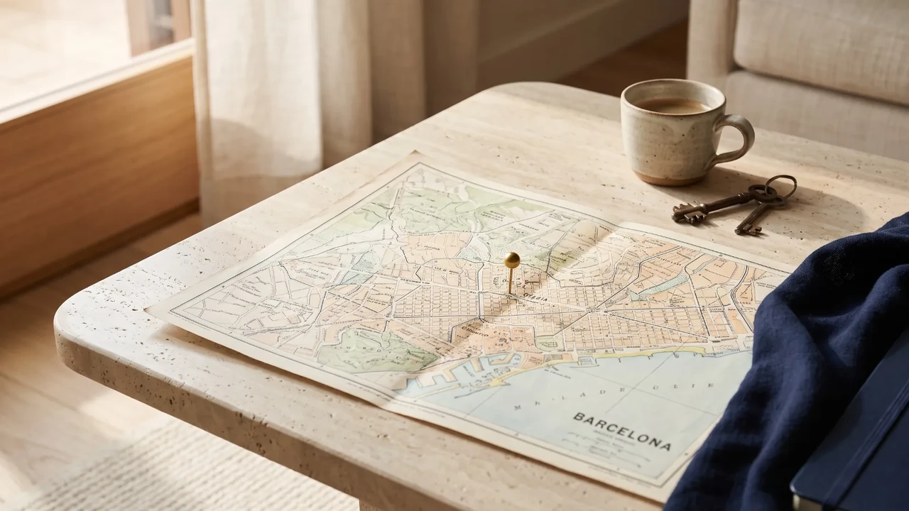 Mapa de Barcelona amb una agulla de llautó sobre una taula