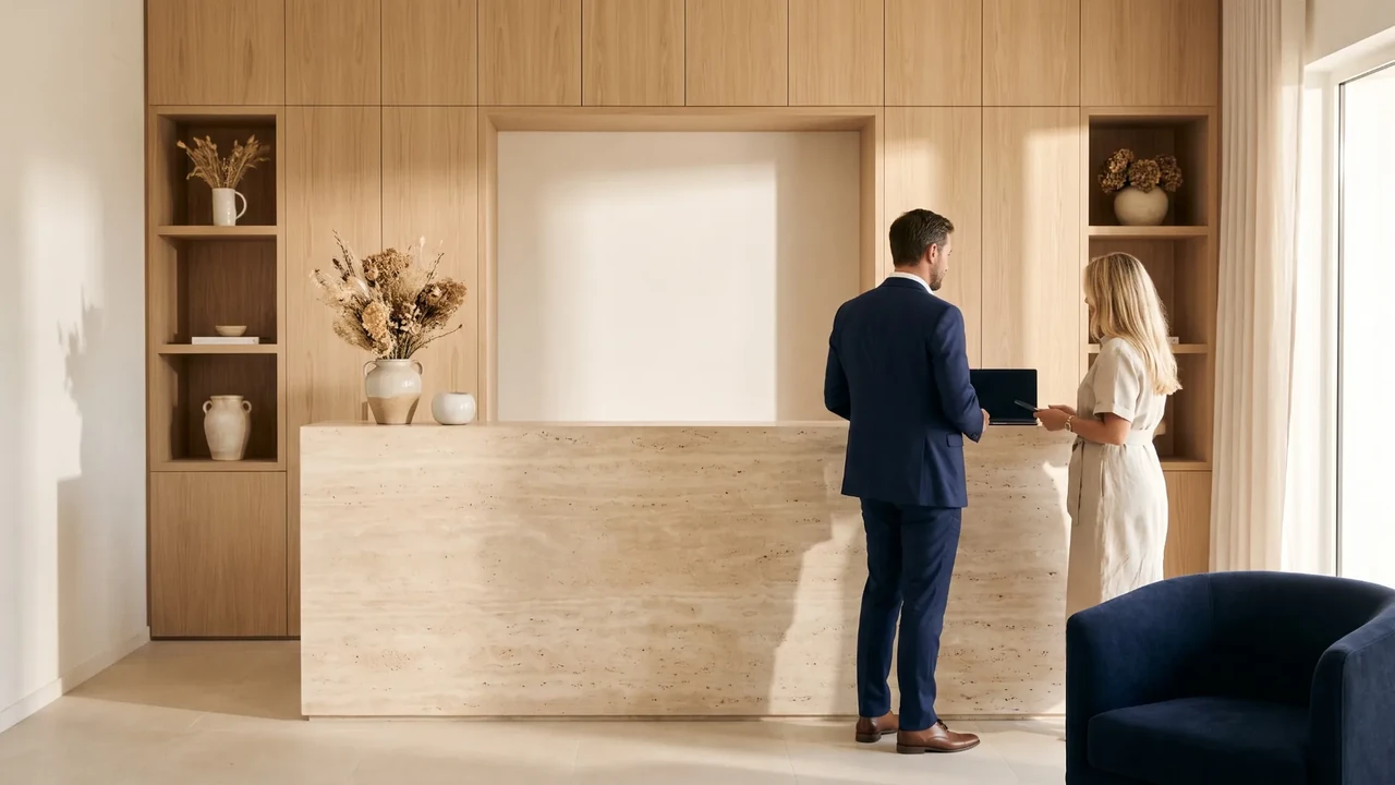 Reception of a luxury real estate agency with a travertine counter