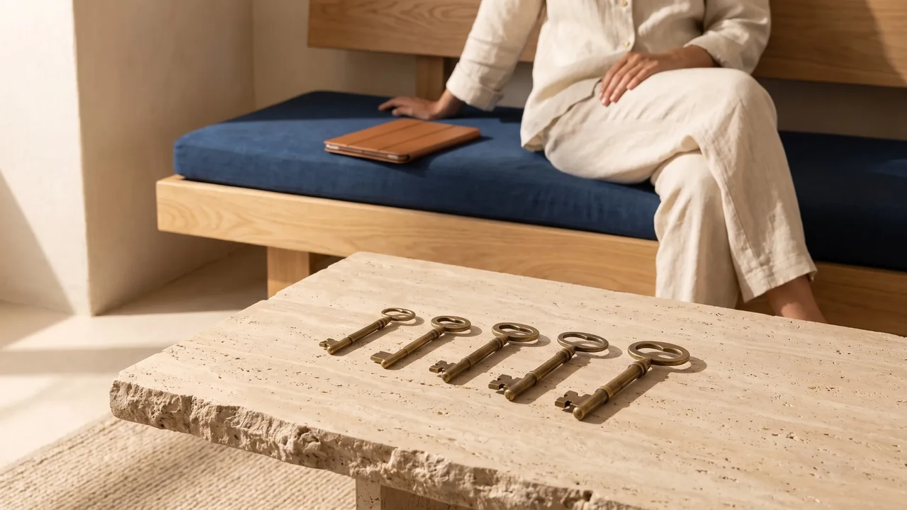 Five brass keys lined up on a travertine table