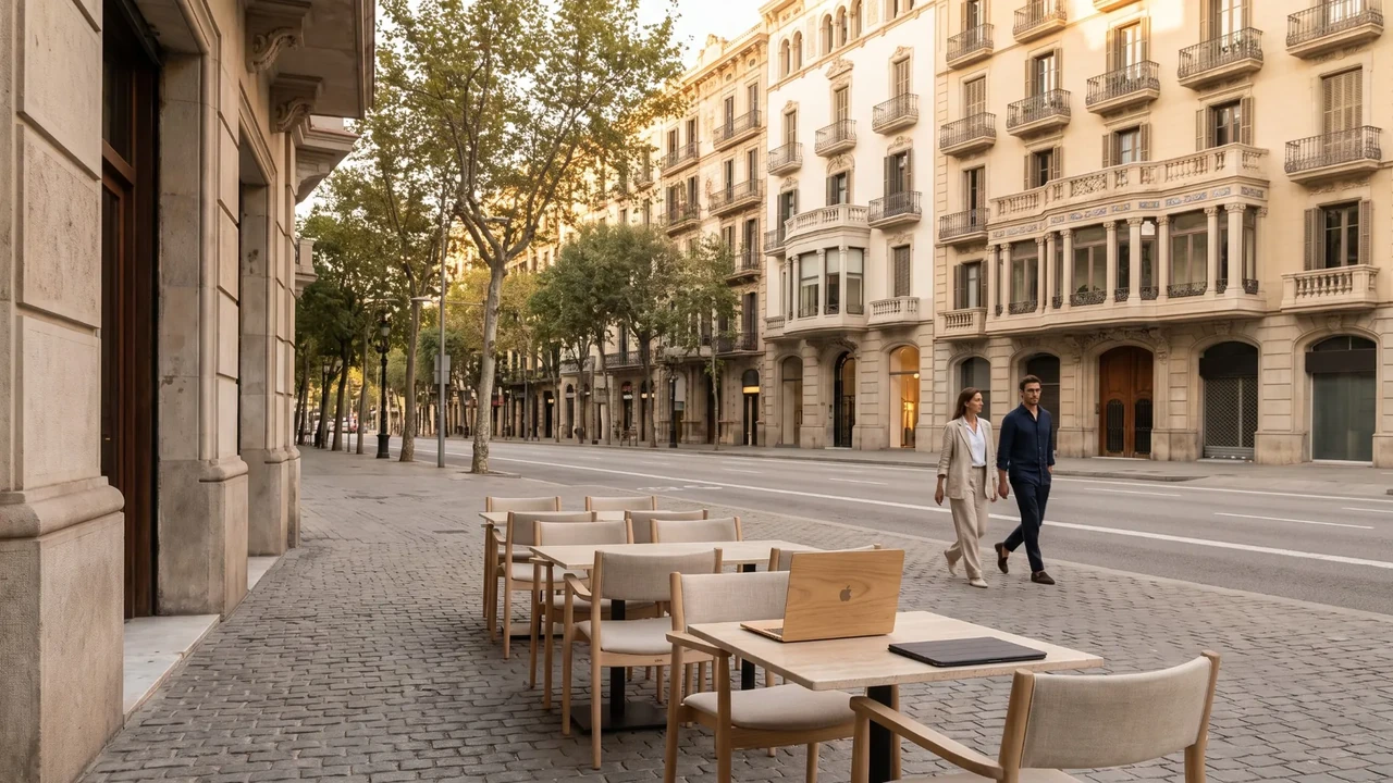 Side street leading onto a grand avenue in Barcelona