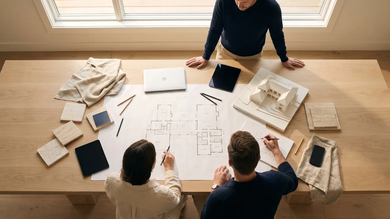 Floor plan of a luxury house with set squares and a white scale model