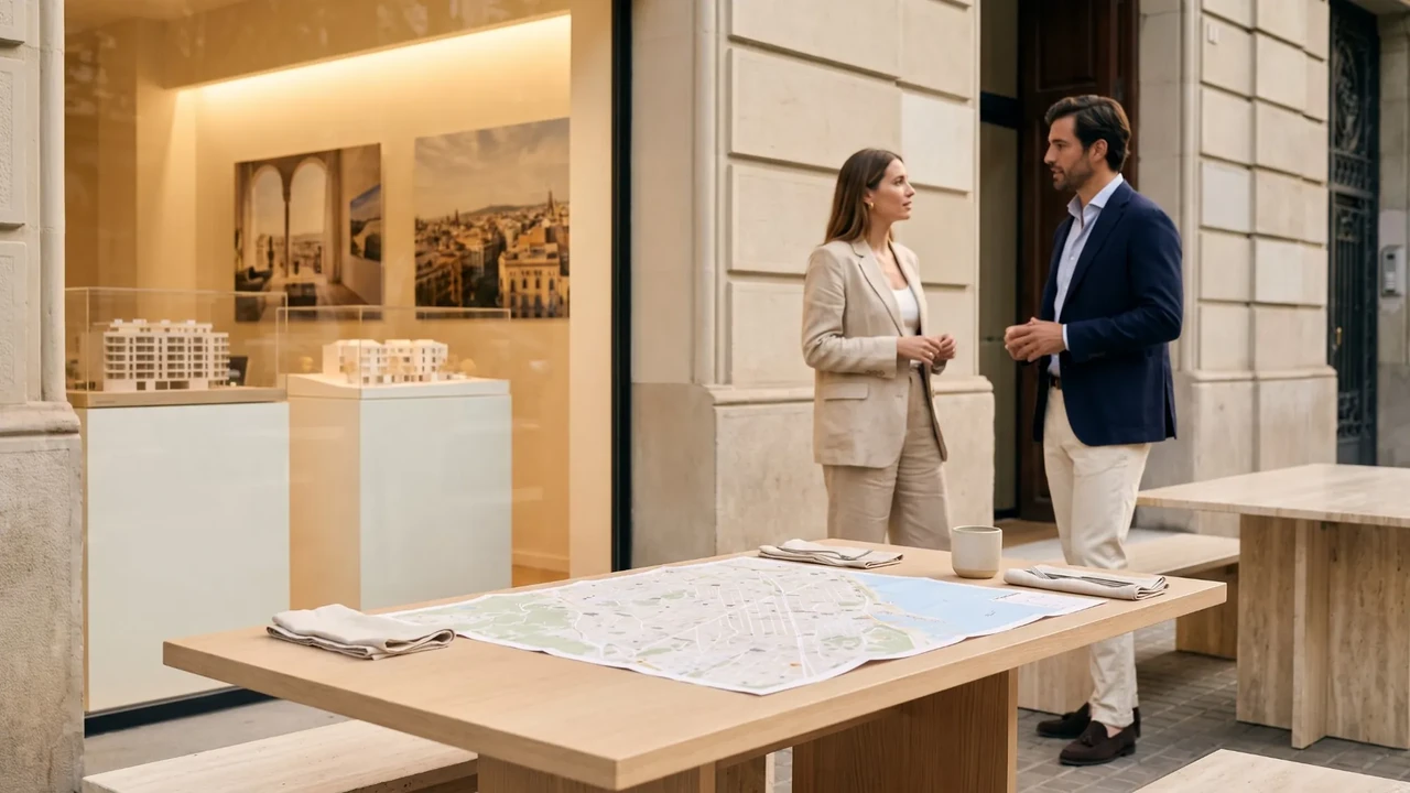 Neighbourhood real estate agency with a map of the area in the foreground
